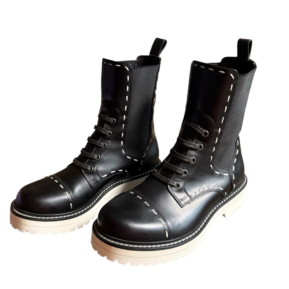 Dolce & Gabbana Leather Combat Boots Mid Calf Contrast Stitch EU 38.5 US 8.5 - Picture 3 of 13